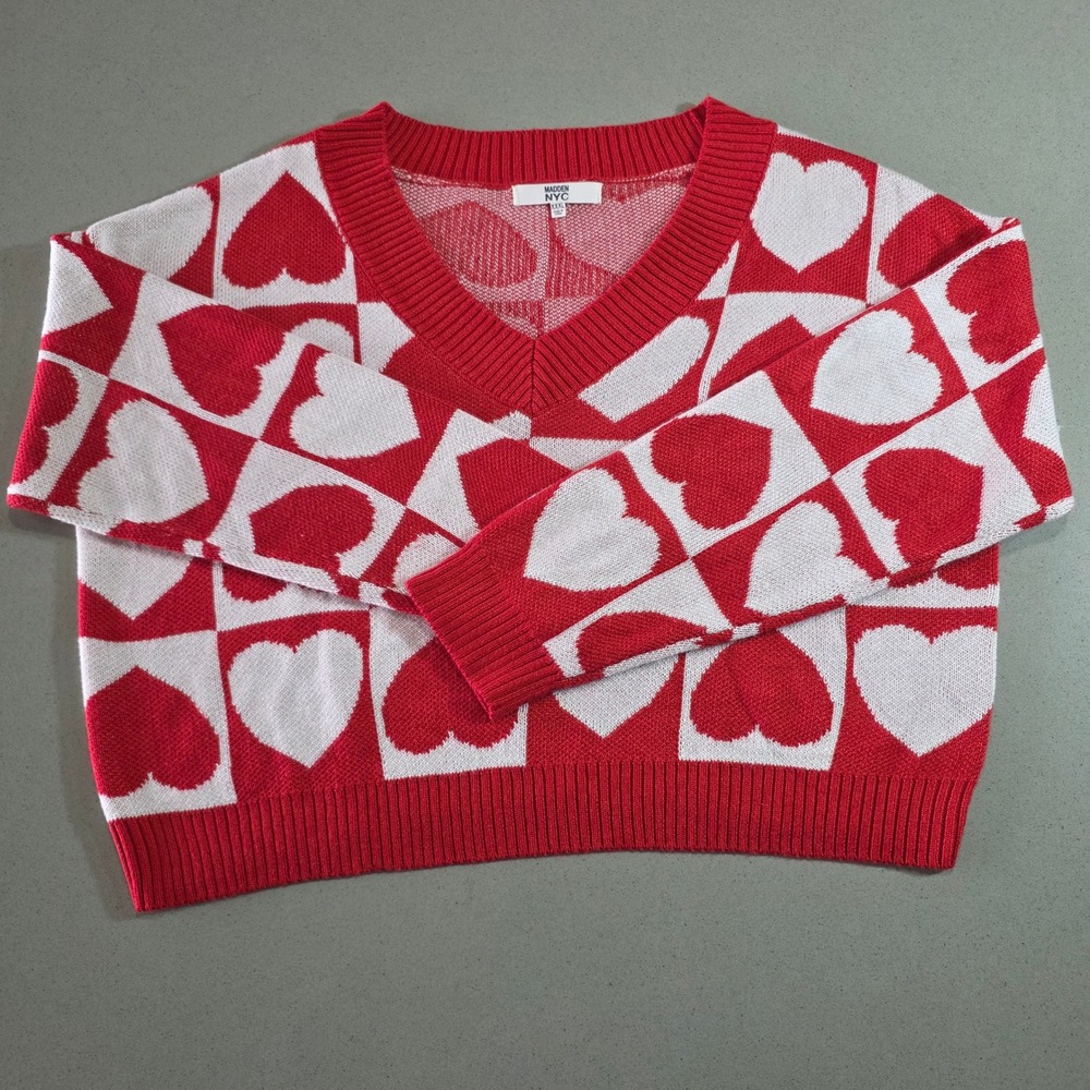 Madden NYC Red White Checkered Heart V-Neck Sweater XXXL